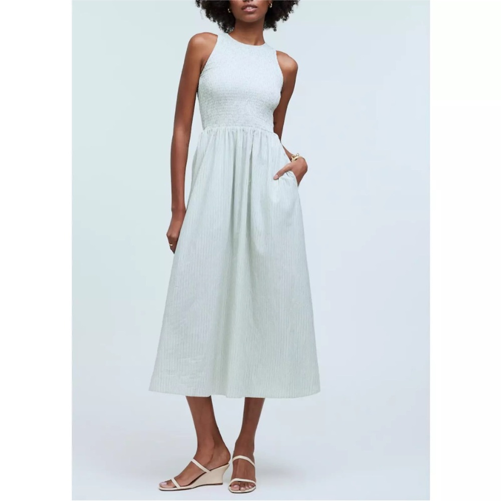 Madewell The Melody Smocked Midi Dress Green Striped Sleeveless Pockets XS